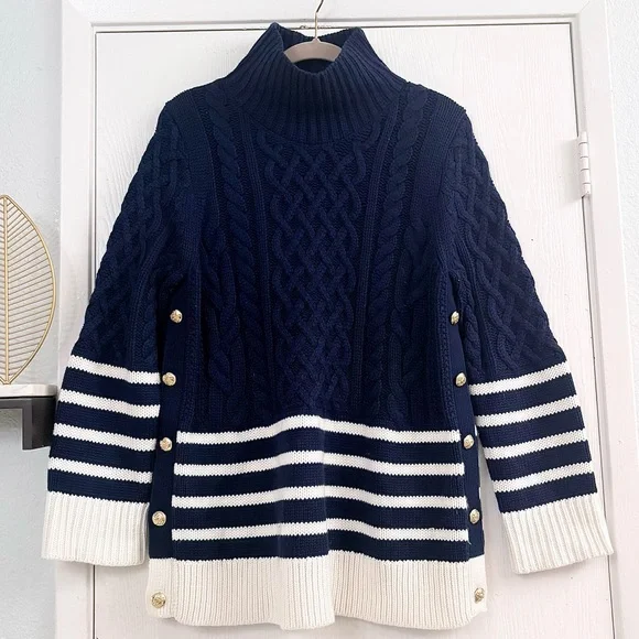 Tuckernuck Navy Striped Sankaty Cable Knit Chunky Nautical Sweater Size Large - Picture 2 of 13